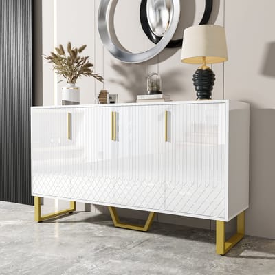 DESMIU Dressoir - Hoogglans Opbergkast Met 4 Deuren - Modern Voor Woonkamer En Eetkamer - MDF - 140x40x80 Cm - Wit