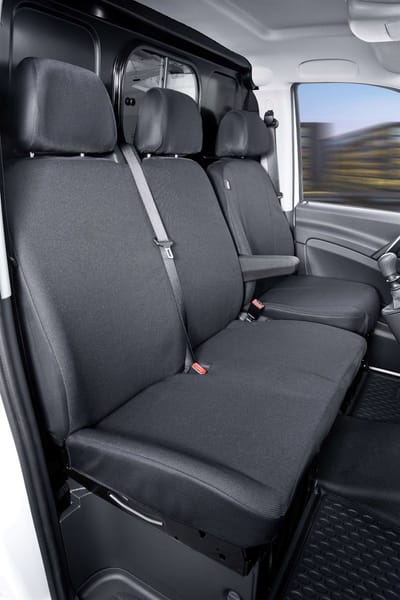 Walser Autostoelhoes Transporter Fit van stof antraciet geschikt voor Mercedes-Benz Viano/Vito - 1 enkele zitplaats voorin (uitsparing armleuning) & - dubbele zitbank voorin