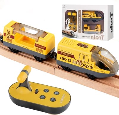 Motorise Trein met Afstandsbediening - Houten Locomotief met Magneet en Speelgoed voor Kinderen van 3 tot 7 Jaar (Geel)