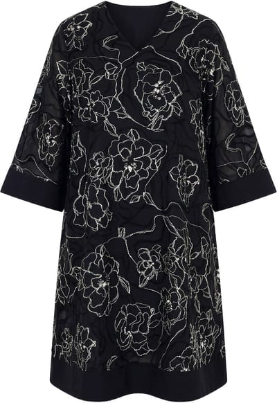 Ulla Popken - Dames - Jurk zijdemix A-lijn V-hals 3/4 klokmouw - Zwart - Maat 46+
