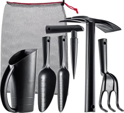 KADAX Tuingereedschapsset, 6-in-1 tuingereedschapsset van robuust kunststof, tuingereedschap incl. draagtas, cadeauset voor een tuinliefhebber, handgereedschap (6)
