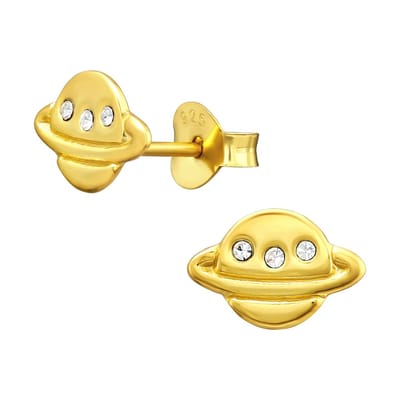 Joy|S - Zilveren planeet oorbellen - 9 x 6 mm - saturnus - kristal - gold plated - goudkleur