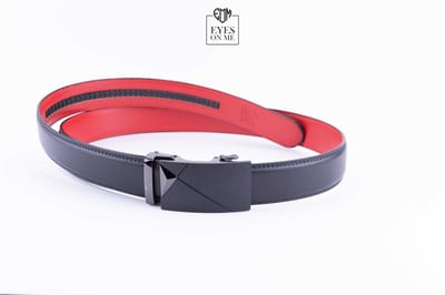 Zwart + rood lederen riem zonder gaatjes met automatische gesp voor heren ( model N225 )