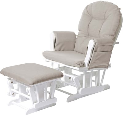 Relaxfauteuil MCW-C76, schommelstoel met kruk ~ stof/textiel, crème, frame wit