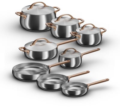 BergHOFF Home Belly Pannenset 13-delig – Luxe RVS Kookset – Steelpan 16cm, Kookpotten 18/20/24cm, Hapjespan 24cm + 5 Deksels – Inclusief Koekenpannen 20/24/28cm – PFAS-Vrij & Inductie – Warm Blush
