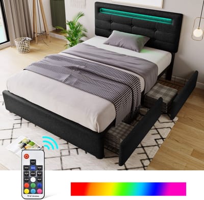 FloraGrace Gestoffeerd Bed 90x200cm – Bedframe Met Led Verlichting – Verstelbaar Hoofdbord – Met 2 Lades – Zonder Matras – Linnen – Zwart