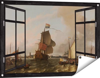 Gards Tuinposter Doorkijk Het Oorlogsschip Brielle op de Maas voor Rotterdam - Ludolf Bakhuysen - 90x60 cm - Tuindoek - Tuindecoratie - Wanddecoratie buiten - Tuinschilderij