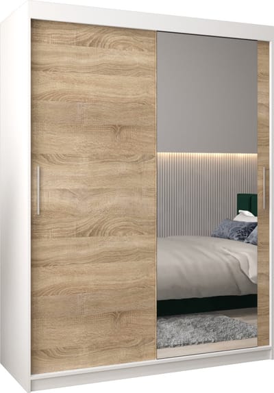InspireMe - Kledingkast met 2 schuifdeuren, Modern-stijl, Kledingkast met planken (BxHxD): 150x200x62 - TORM II 150 Wit Mat + Sonoma Eik