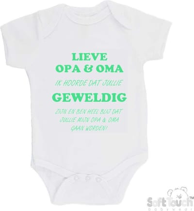 100% katoenen Romper "Lieve opa & oma ik hoorde dat jullie geweldig zijn en ben heel blij dat jullie mijn opa & oma gaan worden!" Unisex Katoen Wit/mint Maat 56/62