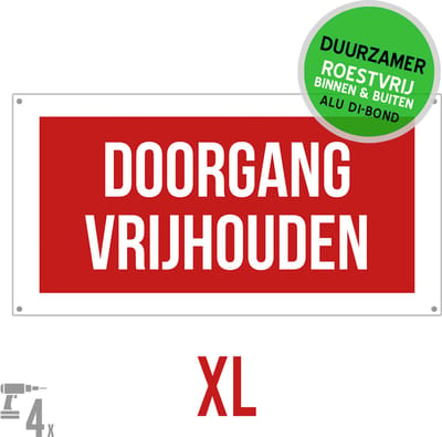Pictogram/ bord XL Dibond + boorgaten | "Doorgang vrijhouden" | 60 x 30 cm | Groot | Overlast | Brandweg | Inrit | Rood | Duurzaam | 1 stuk