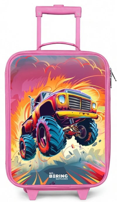 NoBoringSuitcases.com® - Kinderkoffer roze - Kindertrolley meisje - Roze Monstertruck Vliegt over het Asfalt - Koffer kind lichtgewicht - Reiskoffer trolley voor kinderen - Koffertje met lichtgevende wieltjes - Rolkoffer