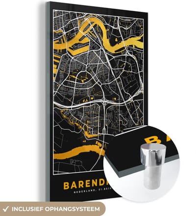 MuchoWow® Glasschilderij 40x60 cm - Schilderij acrylglas - Plattegrond - Barendrecht - Goud - Zwart - Foto op glas - Schilderijen - Stadskaart