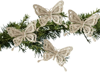 Kerstboomversiering Vlinder - 4x - 14 cm - champagne glitter - op clip - ornament