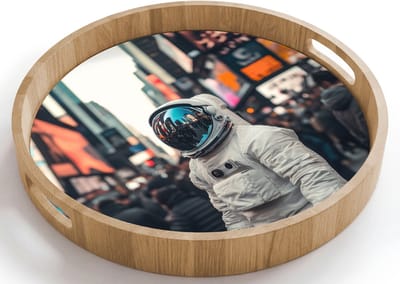 Dienblad rond 40x40 cm - Schootdienblad hout - Stad - Mensen - Astronaut - Wit - Borrelplank rechthoek - Plateau houten dienbladen