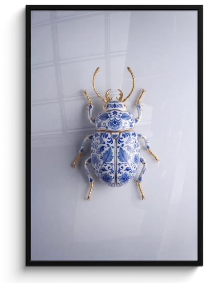 Poster in lijst - Fotolijst 80x120 cm - Posters - Kever - Delfts - Blauw - Goud - Posterlijst zwart - Decoratie - Wanddecoratie woonkamer - Muurdecoratie slaapkamer
