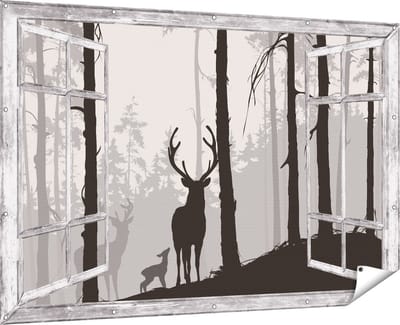 Gards Tuinposter Doorkijk Herten in het Bos - Silhouet - 180x120 cm - Tuindoek - Tuindecoratie - Wanddecoratie buiten - Tuinschilderij