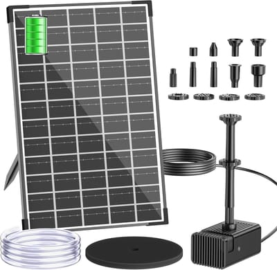 Zonnefontein met 12 W en 5000 mAh batterij, stille 300 L/H vijverpomp met 10 spuitmonden voor buiten en kleine tuinvijvers tot 5 m²