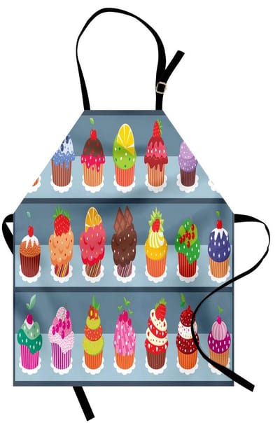 ABAKUHAUS Dessert-kookschort, maanzaad-streusel-multilagen-glazuur-muffins met bessen- en chocoladetoppers, kleurvast, in hoogte verstelbaar, wasbaar, heldere digitale druk, veelkleurig