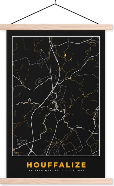 Posterhanger incl. Poster 40x60 cm - Schoolplaat - Houffalize - Goud - Stadskaart - Plattegrond - Kaart - Textielposter - Blanke latten - Stadskaart