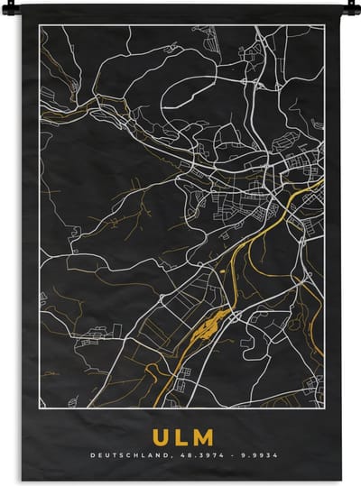 Wandkleed - Wanddoek - Ulm - Stadskaart - Plattegrond - Goud - Kaart - Duitsland - 120x180 cm - Wandtapijt