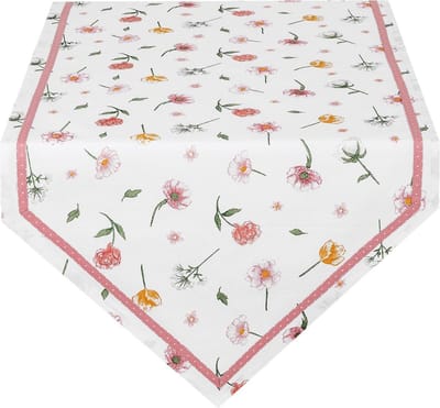 Tafelloper | 50*160 cm | Wit | 100% Katoen | bloem | Clayre & Eef | ASD65