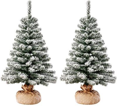 Everlands kunst kerstboom - 2x - H90 cm - met sneeuw - kunstboom - jute zak - Imperial snowy - kleine kerstbomen