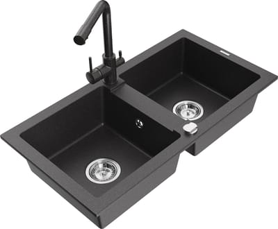Mexen Mario granieten spoelbak 2-kamer met keukenkraan Duero, zwart gespikkeld - 6504-76-671600-76