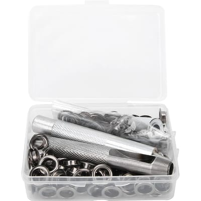 100 Sets 0,3 inch Oogjes met Gat en Perforator Bevestigingsgereedschap Opbergdoos voor Kleding Canvas grijze kleur