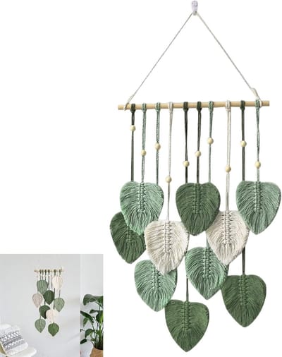 Boho Wanddecoratie met Macramé en Houten Kralen - 40 x 90 cm Tapestry voor Slaapkamer en Woonkamer met Bladeren en Groene Accenten