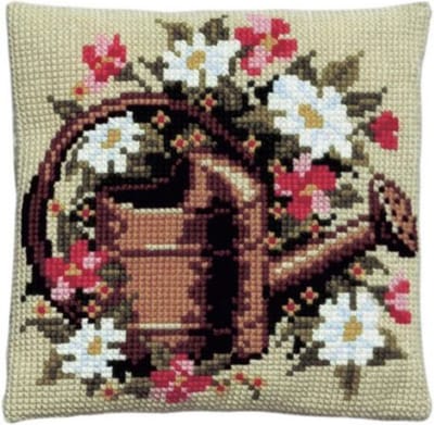 Pako Borduurpakket kruissteek kussen - Gieter vol met bloemen_ geprint stramien -003.160- DIY kit