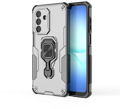 MobyDefend Hoesje - Geschikt voor Samsung Galaxy A17 - Dubbelgelaagde Pantsercase Met Standaard - Zilvergrijs