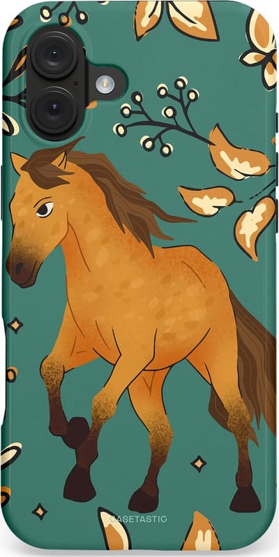 Casetastic hoesje geschikt voor Apple iPhone 16 Plus - MagSafe - Dubbellaagse bescherming - Groene bruine Paarden elegantie - Paris - Fashion Case - Petrol Donkergrijs Bruin Okergeel