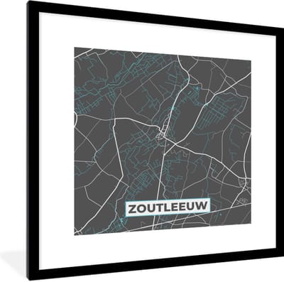 Fotolijst incl. Poster - Plattegrond – Zoutleeuw – Blauw – Stadskaart - Kaart - 40x40 cm - Posterlijst