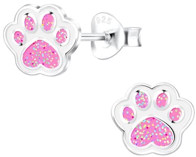 Joy|S - Zilveren kat hond dierenpoot oorbellen - poot afdruk - glitter roze met wit - 7 x 6 mm