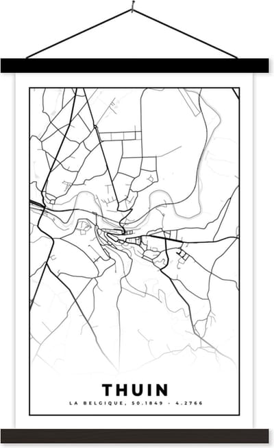 Posterhanger incl. Poster 40x60 cm - Schoolplaat - Plattegrond – Thuin – Zwart Wit – Stadskaart - Kaart - België - Textielposter - Zwarte latten - Stadskaart