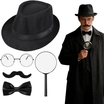 Detective Kostuum Set voor Volwassenen met Hoed, Nep Snor, Strik, Zwarte Bril en Vergrootglas voor Halloween en Carnavalsfeest