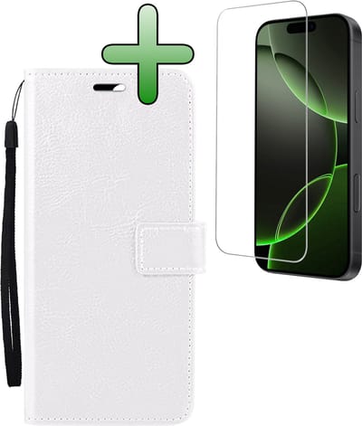 Hoesje Met Screenprotector - Geschikt voor Apple iPhone 16 Pro - Luxe Pasjeshouder - Bookcase Portemonee - Flip Case - Kunstleer Book Case - Flipcase - Book Cover - Walletcase - Portemonneehoes - Wit