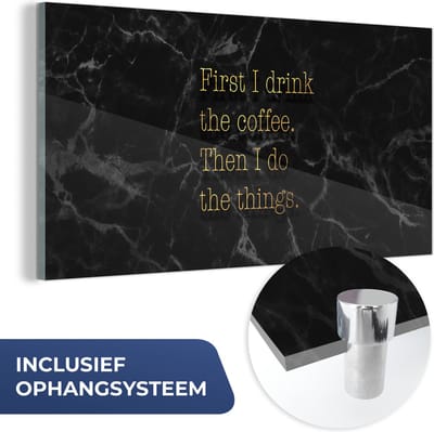 MuchoWow® Glasschilderij 40x20 cm - Schilderij acrylglas - Quotes - Koffie - Goud - Marmer - Foto op glas - Schilderijen