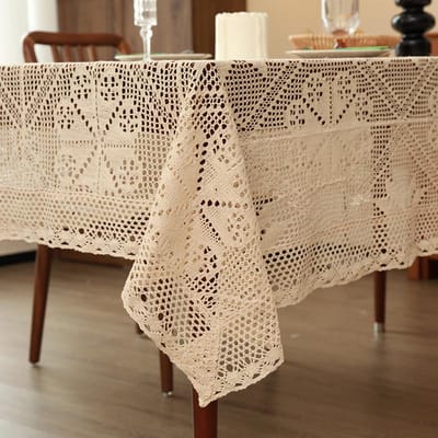 Franse Stijl Luspatroon Gebreide Tafelkleden Katoenen Garen Haakwerk Kant Bureau Mat Antislip Slijtvast Rechthoekig Tafelkussen 60x60cm