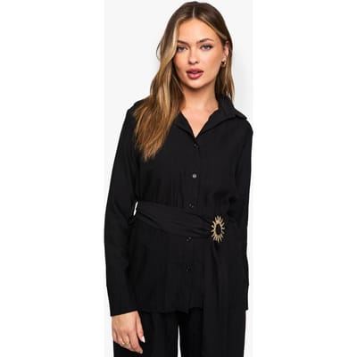 boohoo Dames Kreukelend crepe-overhemd met gouden rand en ceintuur | Black | Maat: 6