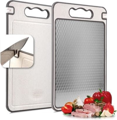 PolkaHome® Snijplank – Multifunctionele Snijplanken Aluminum | Dubbelzijdig met Ingebouwde Rasp, Mes Slijper & Ontdooiplaat – Cutting Board - Vermijd Microplastics - Extra Hygiëne - Met Raspfunctie en Sapgeul – 36.5×25cm
