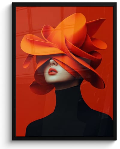 Poster in lijst - Fotolijst 50x70 cm - Posters - Oranje - Hoed - Vrouw - Posterlijst zwart - Decoratie - Wanddecoratie woonkamer - Muurdecoratie slaapkamer