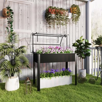 MODFU - Verhoogde Plantenbak - Met Kasdak En Afwateringsgat - Voor Buiten - Metaal - Zwart - 100 X 48 X 124 Cm