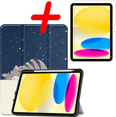 Hoesje Geschikt voor Apple iPad 10 (2022) - 10.9 inch - 10e Generatie - Met Screenprotector - Trifold Bookcase - Hard Cover Case - Met Uitsparing Geschikt voor Apple Pencil - Hardcover Book - Tablet Hoes - Kat