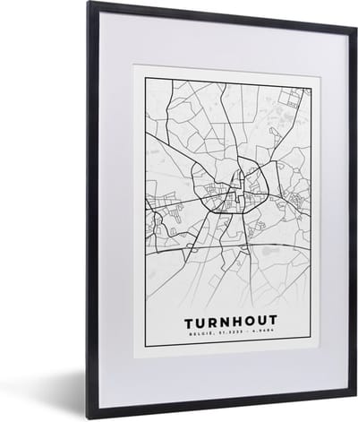 Fotolijst incl. Poster Zwart Wit- Stadskaart – Zwart Wit - Kaart – Turnhout – België – Plattegrond - 30x40 cm - Posterlijst