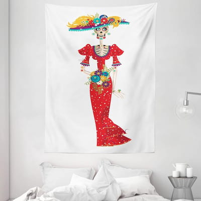 ABAKUHAUS Suikerschedeltapijt, La Catrina, woonkamer slaapkamer wanddoek zijdezacht satijn wandtapijt, 150 x 200 cm, meerkleurig