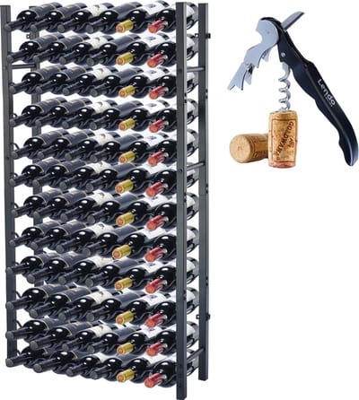 Lendo Online Wijnrek voor 72 flessen 65x20x120cm (LxBxH) Wijnkast - Wijnfleshouder - Wijnopslag met kurkentrekker Zwart Poedercoating Metaal Staal Flessenrek Industriële stijl