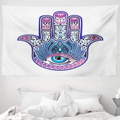 ABAKUHAUS Wandtapijt en sprei met het boze oog, motief van het alziende oog en lotus, 230 x 140 cm, roze en blauw