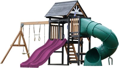 AXI Cody Speeltoestel met Schommels, Trapeze en Klimwand – Paarse Dubbele Glijbaan – Met Buisglijbaan - Met Picknickbank - FSC 100% hout – Speeltoren voor de tuin / buiten