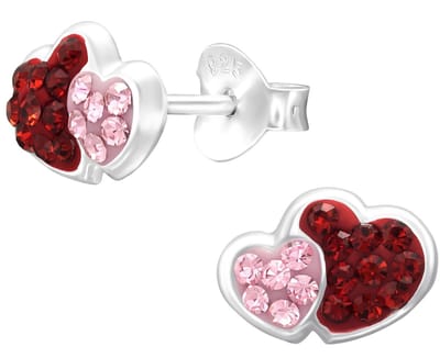 Joy|S - Zilveren hartje oorbellen - 2 hartjes - 9 x 6.5 mm - rood roze kristal - kinderoorbellen